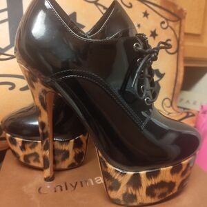 Patent Leather Platform Heels with Leopard Print Platform